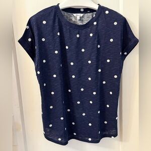 DARK BLUE COTTON BLEND SHORT SLEEVE TOP WITH WHITE POLKA DOTS